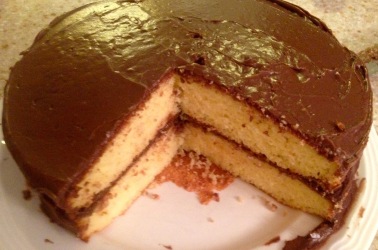 home made yellow cake with real chocolate frosting